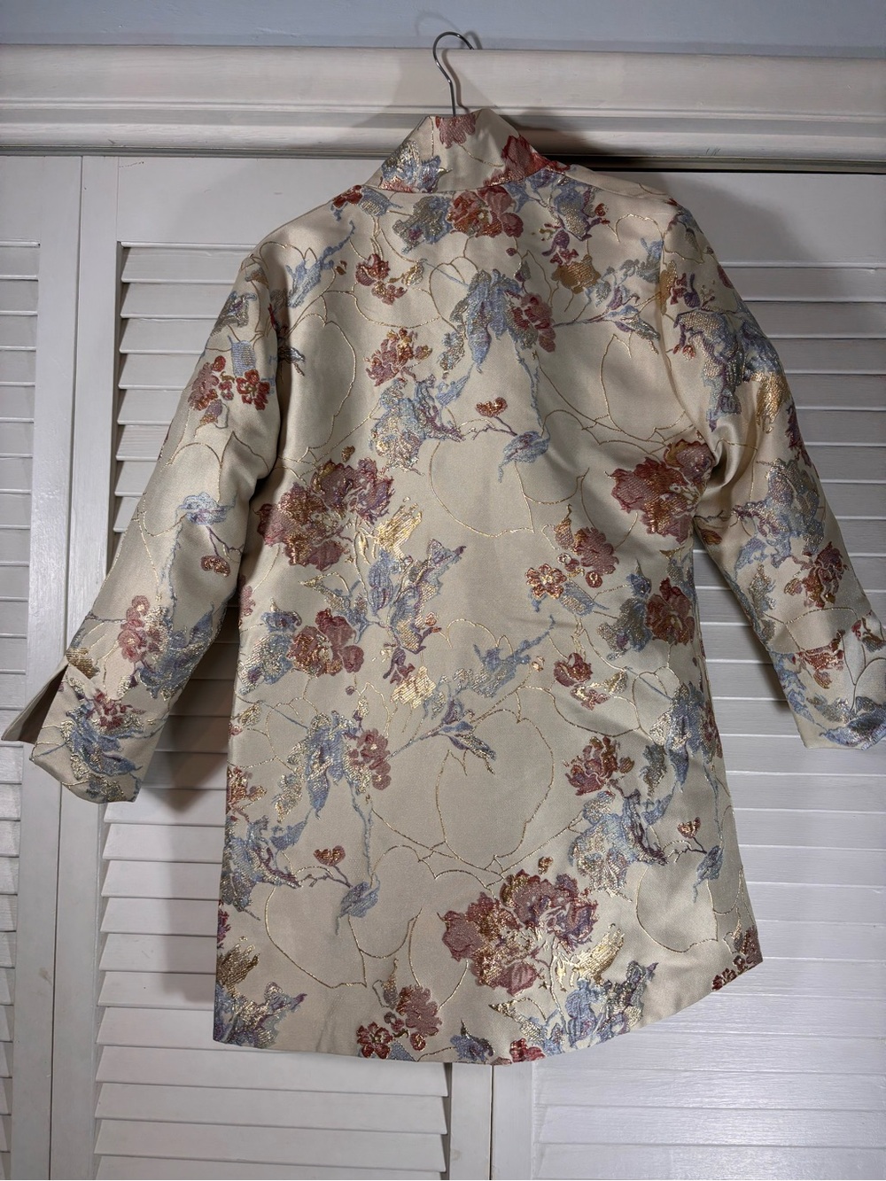 Grace Chuang New York Floral Jacquard Duster Coat Ivory Metallic Open Front - Picture 2 of 8